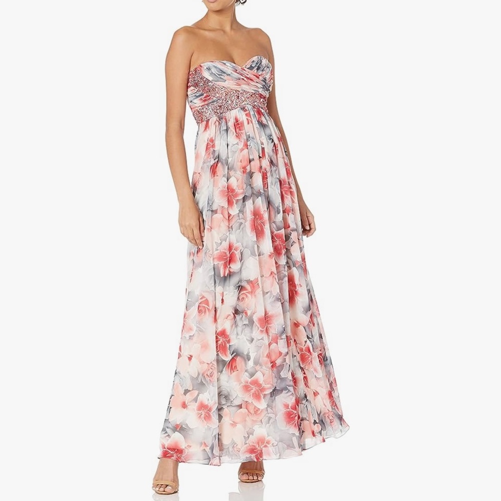 NWT JS Boutique Women's Printed Strapless Gown with Beaded Trim